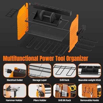 Power Tool Organizer Wall Mount, Modular Tool Storage with Charging Station, Garage 4 Drill Storage Shelf with Hooks, Hammer/Plier Holder, 8 Outlet Power Strip, Heavy Duty Rack for Workshop