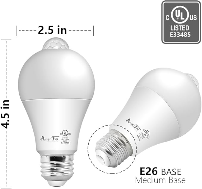 AmeriTop Motion Sensor Light Bulb- 4 Pack, 10W(60W Equivalent) 806lm Motion Activated Dusk to Dawn Security LED Bulb; UL Listed, A19, E26, Auto On/Off Indoor Outdoor Lighting (5000K Daylight)