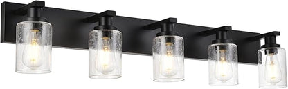 5-Lights Farmhouse Bathroom Vanity Light in Black Finish Wall Mount Lighting Fixtures with Seeded Glass for Mirror Cabinet Kitchen Bedroom