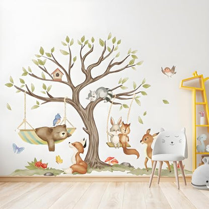 Jungle Animal Wall Stickers Big Tree Fox Sika Deer Safari Wall Decals Kid Room Nursery Baby Bedroom D?cor