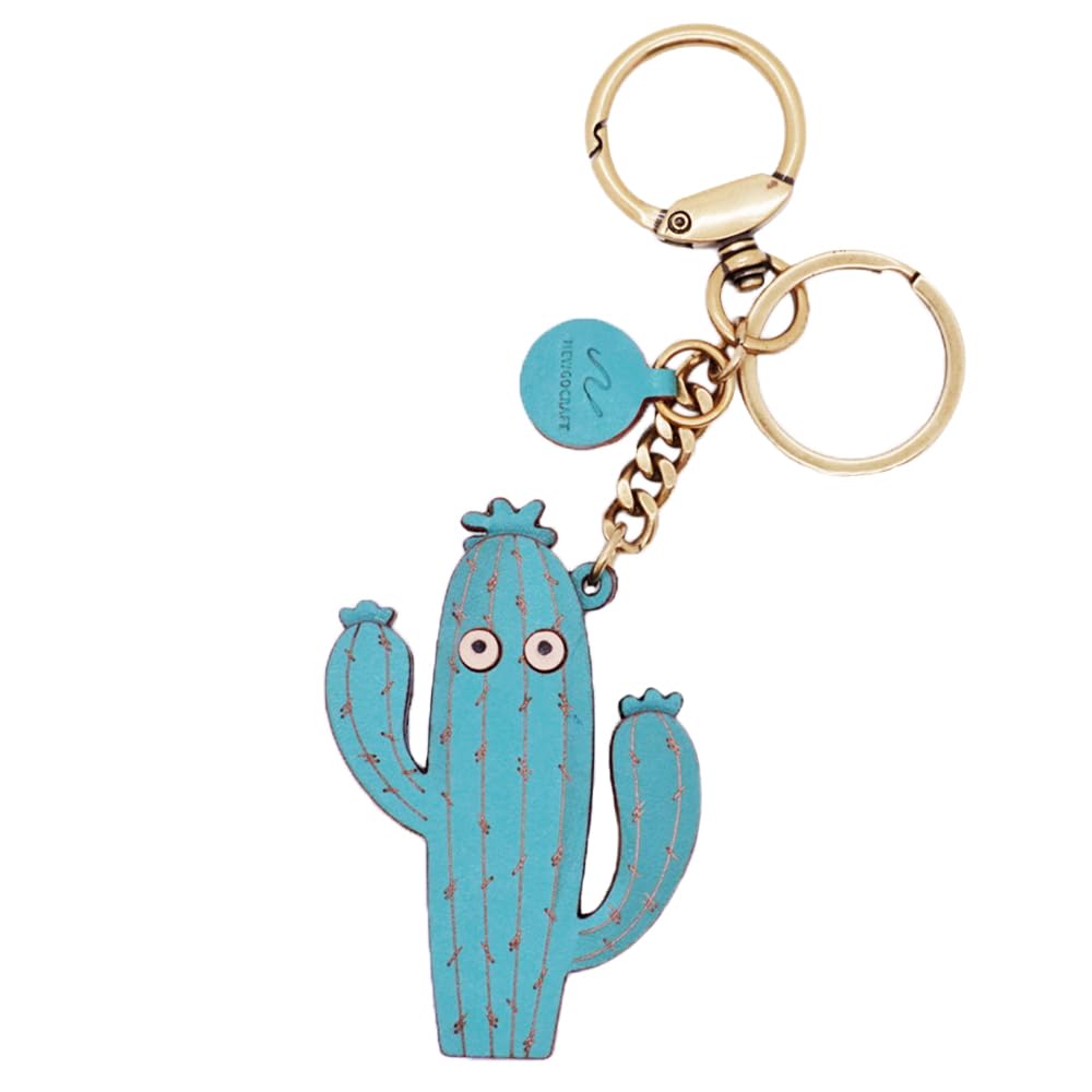 NEWGOCRAFT Keychain Charms 3D Cute Genuine Leather Handmade Crafts Cactus Pendant Keychains Accessorie (Blue)