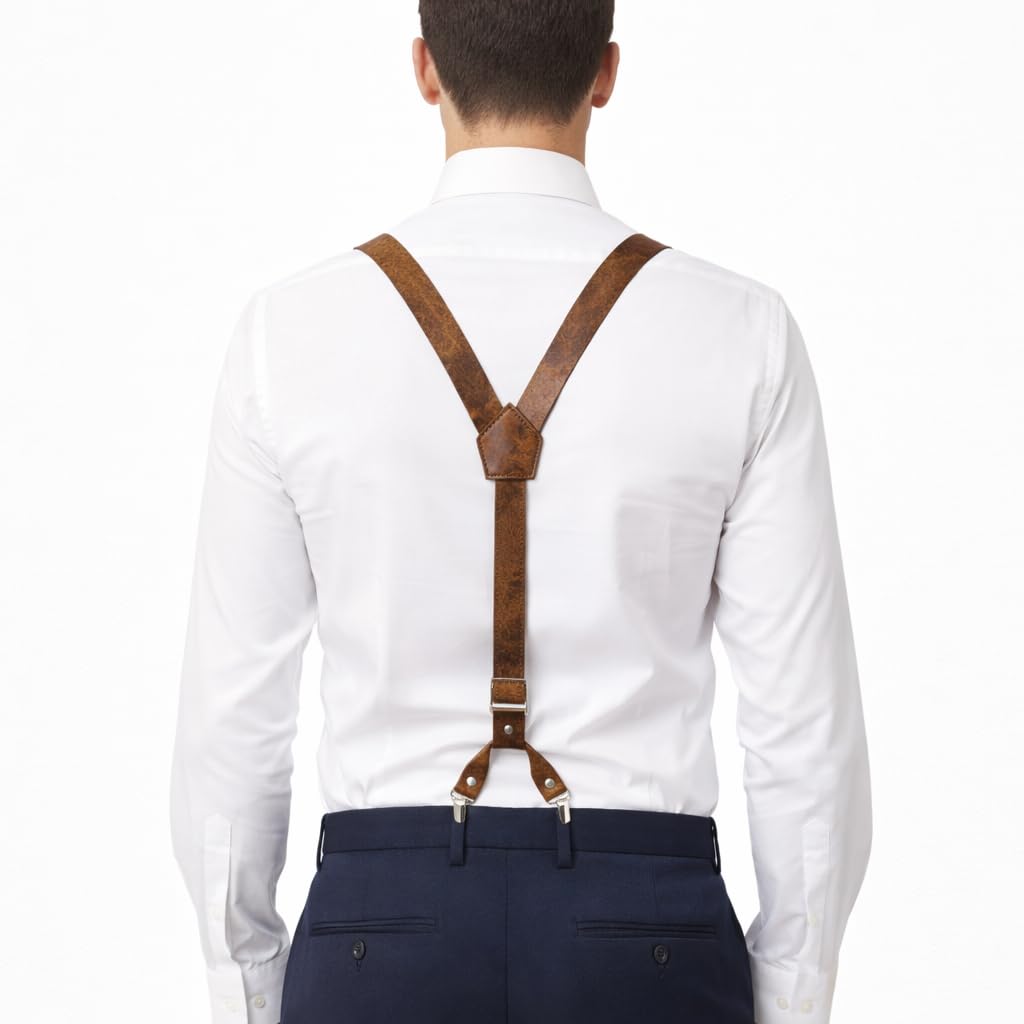Voolup Leather Suspenders for Men – Y-Back Adjustable Heavy Duty Suspenders with 4 Strong Metal Clips | Genuine Full-Grain Leather | Perfect Groomsmen Gift for Wedding | Rustic Brown