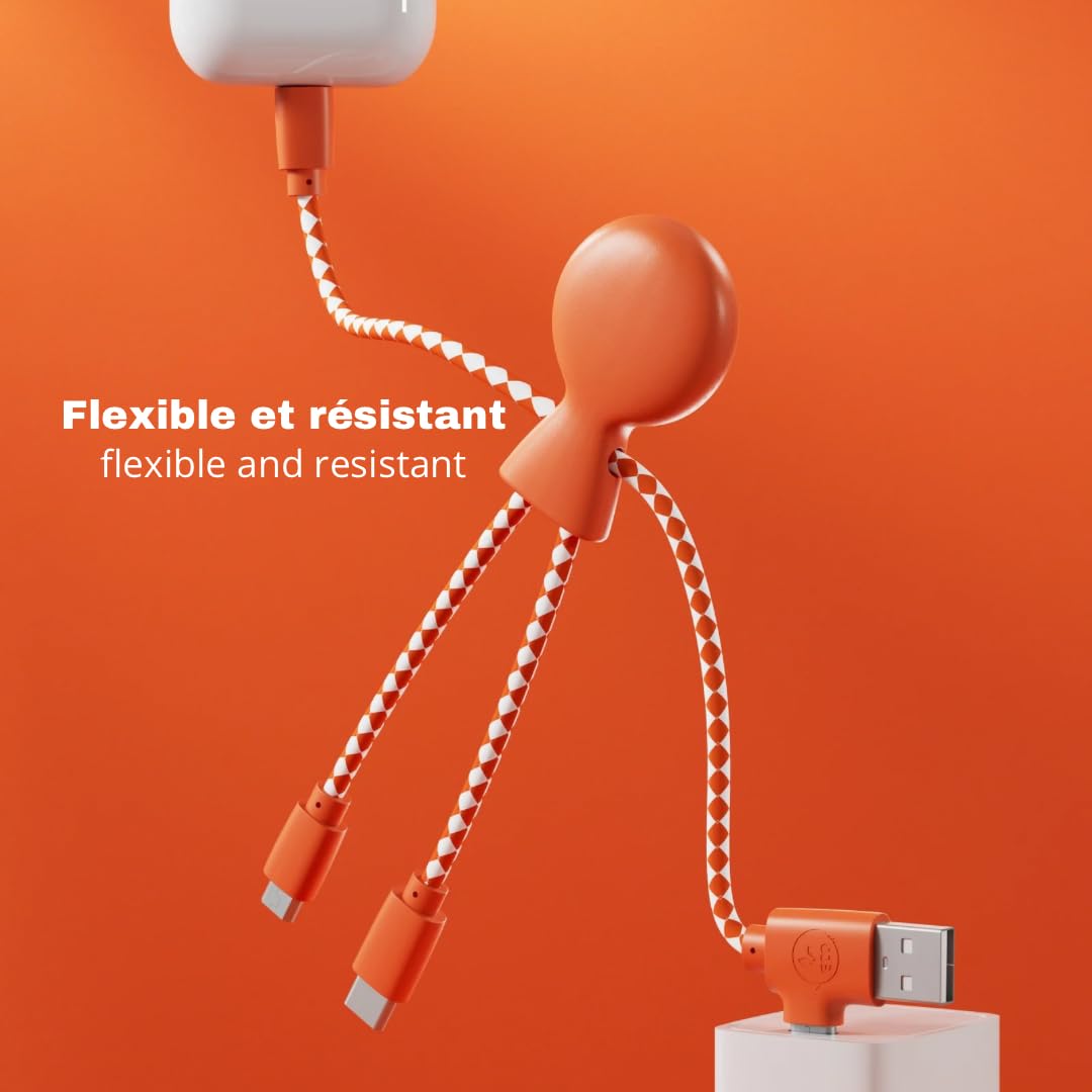 Xoopar Multi USB Cable 4 in 1 - Universal Charger Made from Recycled Plastic - USB, USB-C, Lighting, Micro USB Ports - Compatible with All Smartphones Mr Bio White Octopus