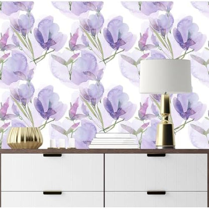 Large Floral Peel and Stick Wallpaper Modern Self-Adhesive Vinyl Contact Paper Removable & Renter-Friendly for Cabinets Drawers & Prepasted Lavender Wallpaper 17.7" x 78.7"