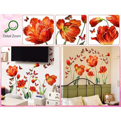 LiveGallery Large Pink Red Flowers Wall Stickers Removable Floral and Butterfly Wall Decal DIY Tulips and Green Leaf Vine Wall Decor for Kids Teens Girls Women Bedroom Nursery Living Room Decoration