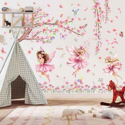 Pink Fairy Garden Wall Decals with Cherry Blossom Tree Floral Wall Stickers Peel and Stick Butterflies Birds DIY Wall Art for Girls Bedroom Baby Nursery Kids Room