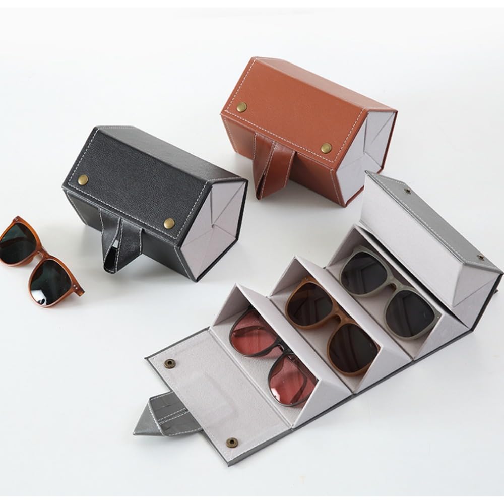 MOPFOL Sunglasses Organizer Case 8 Slots PU Leather Foldable Hanging Design Travel Eyewear Holder with Multiple Compartments for Glasses Storage(Grey)