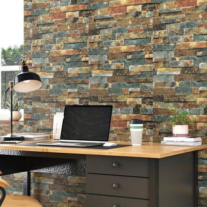Wallercity Vintage Faux Blue/Brown Wallpaper Peel and Stick Wallpaper Waterproof Self-Adhesive Stone Wallpapers 3D Rock Textured Contact Paper for Kitchen Backsplash Living Room Bedroom 15.8''x78.7''