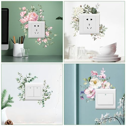 4 PCS Removable Fresh Plants Flower Switch Stickers Peony Rose Leaf Light Switch Decal Socket Decor Light Switch Cover for Kids Girls Bedroom Living Room Nursery Bathroom (A)