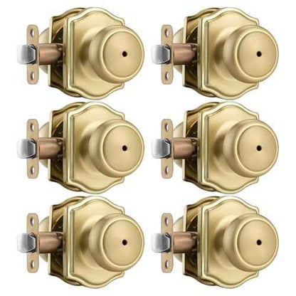 6 Pack Gold Door Knobs with Camelot Trim,Interior Door Knob with Lock,Coastal Privacy Door knob for Bath and Bedroom, Satin Brass