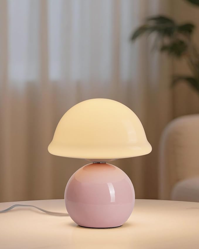 Mushroom Lamp Bedside Table Lamp for Bedroom, Cute Small Lamps with Glass Lampshade, Nightstand Lamp with Dimmer for Living Room Kitchen Apartments Offices Desk Shelves (Pink)