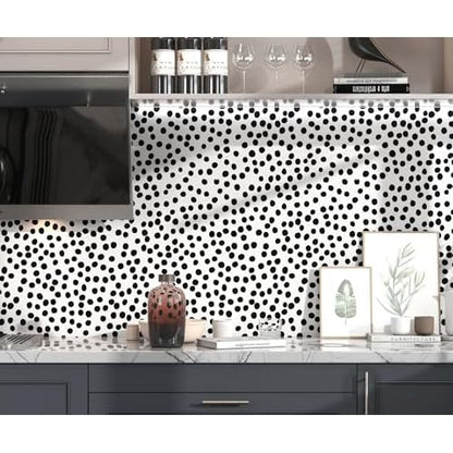 Modern Peel and Stick Wallpaper 17.3" x 78.8" Self Adhesive Wallpaper Black and White Contact Paper Polka Dot Removable Wall paper Decorative for Bedroom Bathroom Cabinets and Countertops Vinyl Roll