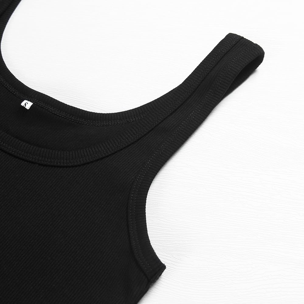 Artfish Women's Sleeveless Shirt Ribbed Fitted Scoop Neck Basic Long Crop Tank Top Square Cotton Black, M