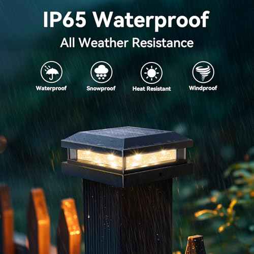 Solar Post Cap Lights Outdoor 8 Packs, Waterproof Solar Powered Deck Light for 4x4 4.5x4.5 5x5 Vinyl/Wooden Posts, Black Outside Warm/Cool Lighting Fence Cap Lights with 16LEDs for Garden, Patio
