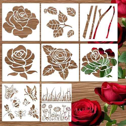 9pcs Large Rose Stencil 12X12Inch - Reusable & Easy Clean Giant Rose Template with Instructions for Walls, Wood, Fence, Fabric & More (Rose)