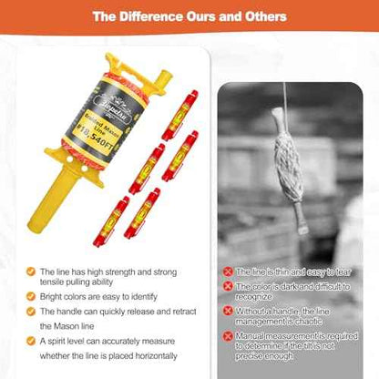 Mason Line String with Handle, #18 540 FT Braided Construction Nylon String Line, String Line Reel with 5 Built-in Levels for DIY and Gardening Work