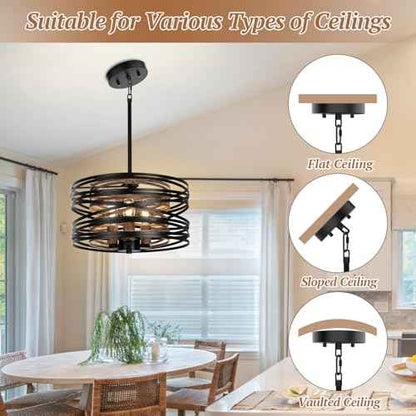 12.6'' Farmhouse Chandelier for Dining Room, Kitchen Lighting Fixtures Ceiling, 3-Light Black Pendant Light Fixture, Modern Industrial Drum Hanging Light for Over Table Foyer Entryway Hallway