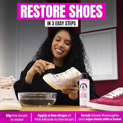 Pink Miracle Shoe Cleaner Kit with Bottle and Brush For Fabric Cleaner For Leather, Whites, Suede and Nubuck Sneakers (4 Oz)