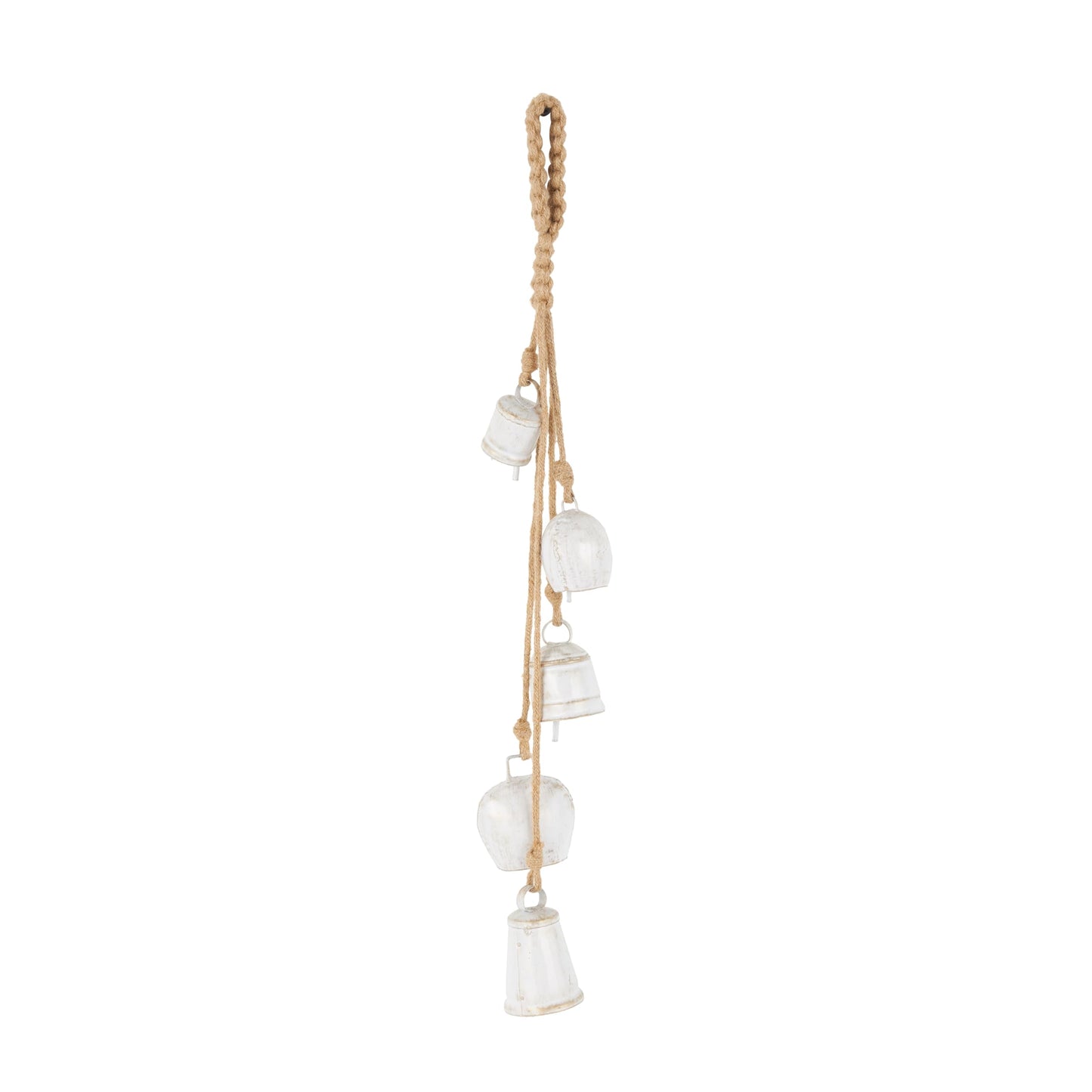 Deco 79 Metal Indoor Outdoor Decorative Bells Tibetan Inspired Cascading Meditation Bell with 5 Bells on Jute Hanging Rope, Cow Bell 3" x 3" x 28", White