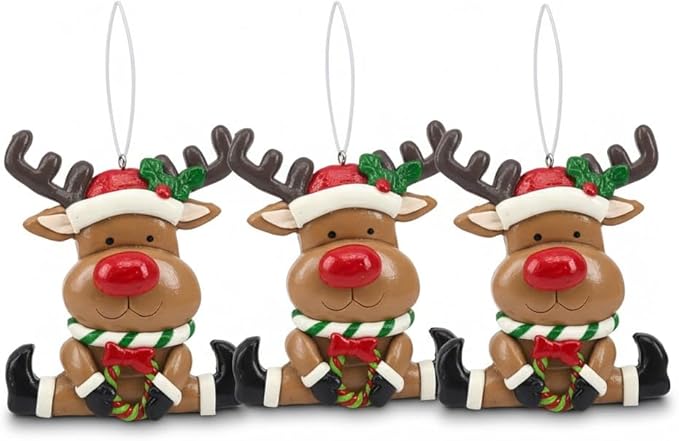 Set of 3 Cute Reindeer Hanging Christmas Tree Ornaments - Hand-Painted Resin Holiday Home Decor & Gift - Durable, Lightweight Xmas Decoration for Family, Friends, Teachers (Deer)
