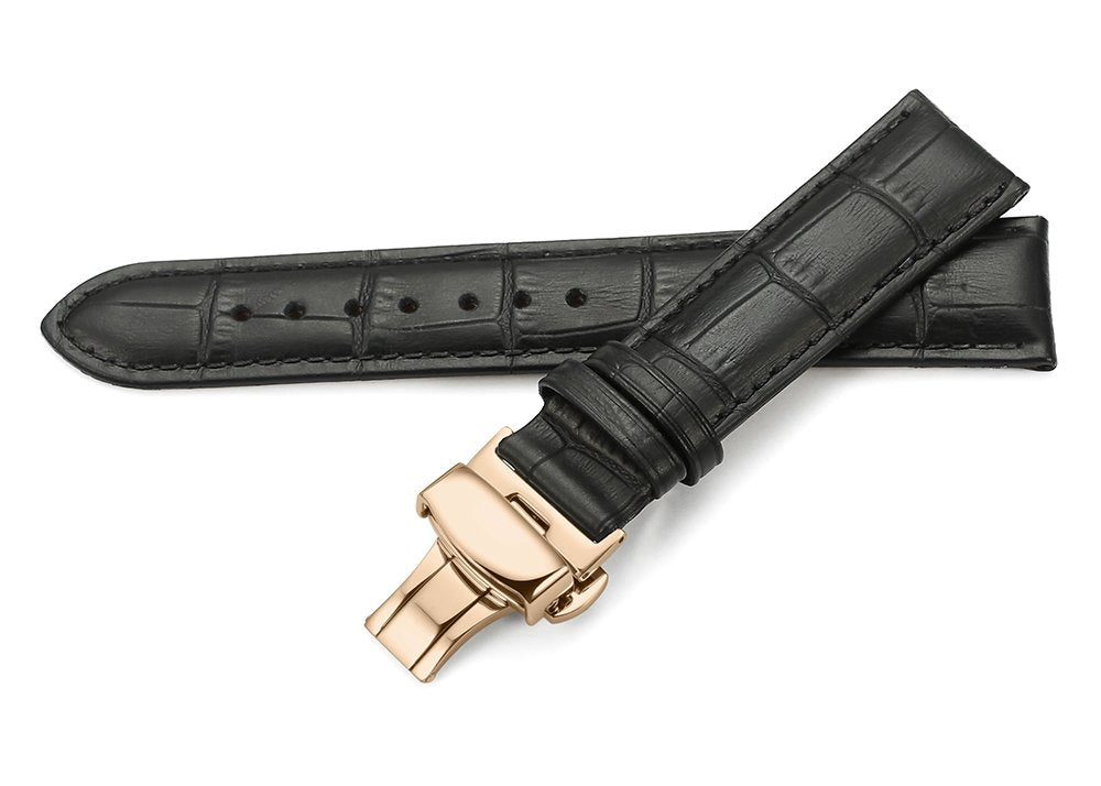 iStrap Leather Watch Band -Alligator Grain Embossed Pattern Calfskin Replacement Strap-Stainless Steel Deployment Buckle with Push Buttons-Bracelet for Men Women-18mm 19mm 20mm 21mm 22mm 24mm