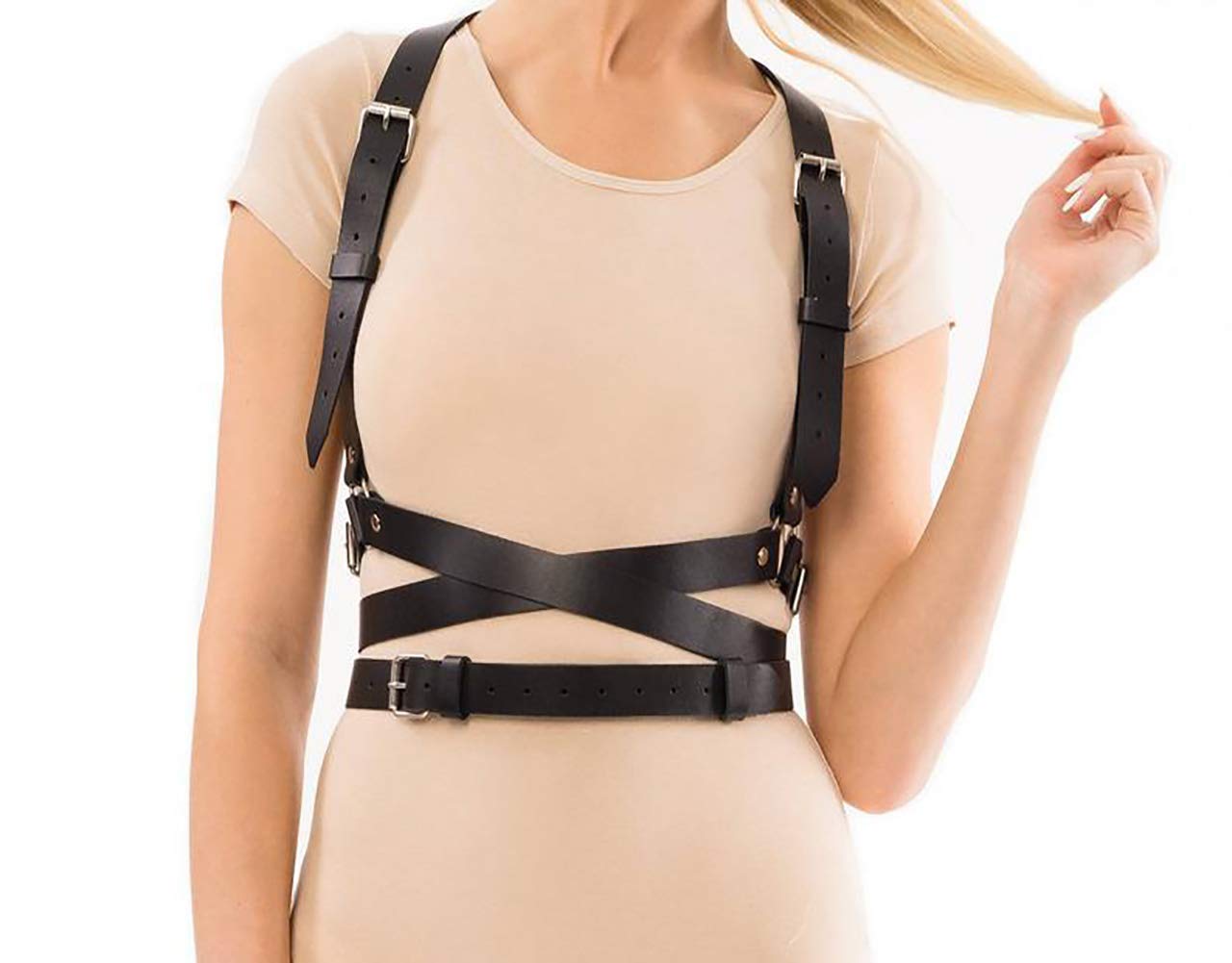 Pinwe Leather Body Chest Straps Punk Harness Caged Waist Belt Gothic Body Chain Strappy Adjustable for Women(PW003)