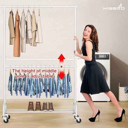 MISSLO Heavy Duty Clothing Racks for Hanging Clothes Rack Double Rod Garment Rack Rolling Closet Wardrobe on Wheels, Metal, Adjustable (White)