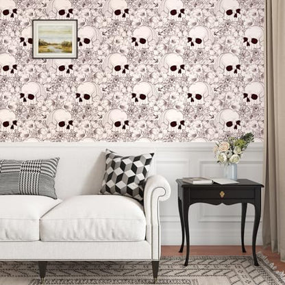 Gothic Wallpaper Skulls Ferns Peel and Stick Wallpaper Beige Brown Halloween Contact Paper for Bedroom Bathroom Living Room Cabinets 17.5"x102" Removable Waterproof Skulls Art Decor Mural