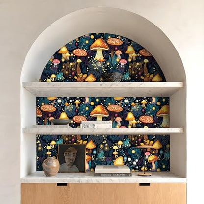 FunStick Gold Dark Blue Mushroom Wallpaper Peel and Stick Boho Woodland Botanical Wall Paper for Bedroom Bathroom Kids Room Wall Mural Colorful Orange Self Adhesive Mushroom Contact Paper for Cabinets