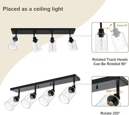 4 Light VINLUZ Vanity Wall Light with Clear Glass Shade Indoor Bathroom Fixture Multi-Directional Rotating Metal Ceiling Spotlight Fixture with Adjustable Track Heads