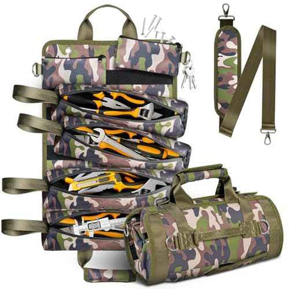 Tool Bag, Heavy Duty Tool Organizer, Portable Tool Pouch for Men, 6 Detachable Pouches, Foldable Carrying Tool Storage, Mechanic & Electrician Dad Birthday Gifts, Camo-Green