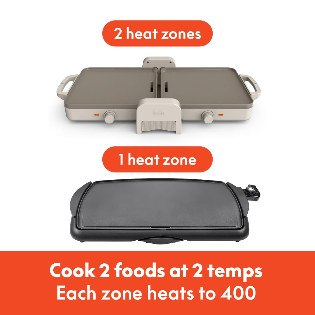 Bella 10"x 20" Ceramic Fold-n-Store Dual Temp Griddle, Fits-anywhere Kitchenware, EverGood Ceramic Nonstick Coating, 2 Temperature Zones up to 400°F, Dishwasher Safe Drip Tray, 1500 Watt, Oatmilk