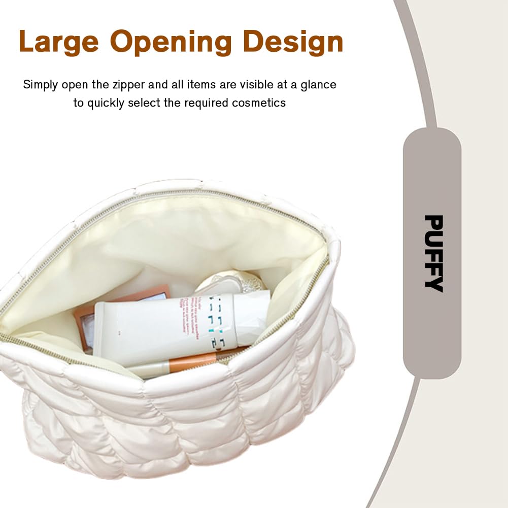 FITINI Makeup Bag Travel Large Portable Quilted Cosmetic Organizer Cute Pouch for Women Soft Puffy Zipper Waterproof Toiletry Storage Bags,Quilting Puff Rose