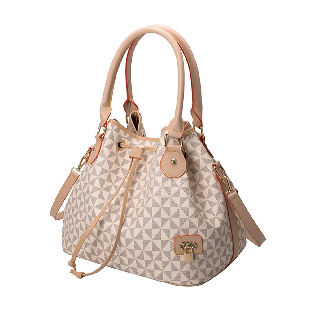 Printed Pattern Shoulder Bags for Women, Large Roomy Drawstring Handbag, Trendy Top Handle Satchel Hobo Purse (Beige)