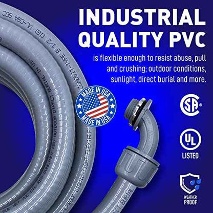 Sealproof 1/2-Inch Non-Metallic Liquid-Tight Conduit and Connector Kit, 50 Foot Made in USA Flexible Electrical Conduit Type B with 5 Straight and 3 90-Degree Conduit Connector Fittings, 0.5" Dia