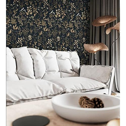 Dimoon 78.7"x16.1" Delicate Floral Peel and Stick Wallpaper Black Golden Thicken Waterproof Leaf Vintage Flower Contact Paper Self Adhesive Wallpaper Removable, Shelf Liner Decal Vinyl Roll