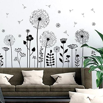 Large Dandelion Wall Stickers, Attractive Flying Flowers Wall Decals, Removable Plants Wall D?cor, DIY Art Mural Vinyl for Bedroom Living Room Sofa Backdrop Classroom Decoration (Black)