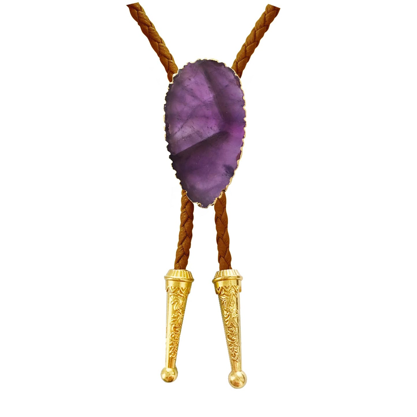 Daisy Del Sol Gemstone Bolo Tie Braided Vegan Faux Leather Natural Stone Gold Handmade Necklace Adjustable Boho Western Jewelry (Brown, Amethyst)