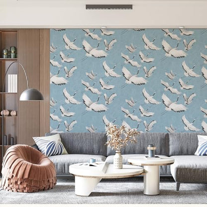 Peel and Stick Wallpaper for Home Decoration Kitchen White Crane Blue Wallpaper Removable Vinyl Self Adhesive Shelf Paper & Drawer Liner Roll House, Workshop & Office 17.3" x 79" TH8096-2