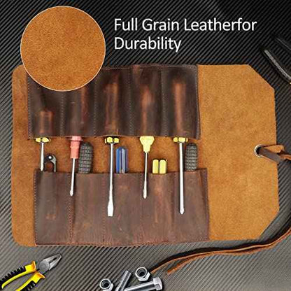 Kosibate Tool Roll Up Bag,Leather Tool Chisel Bag/Wrench Roll Pouch,Portable Woodworking Organizer Tote