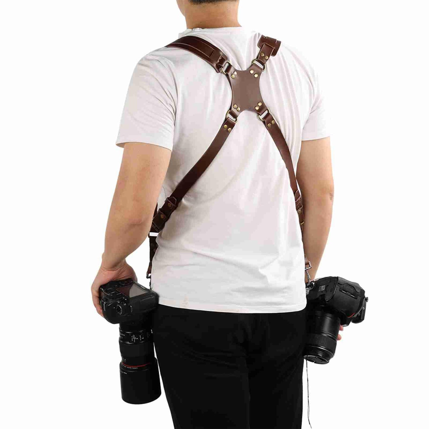 MEKOTRIN Dual Camera Harness & Leather Shoulder Strap Comfortable Carry for Two Cameras, Ideal for Hiking, Weddings and Travel, Adjustable 1/4" Standard Screw Compatibility (Shoulder Width: 13"-20")