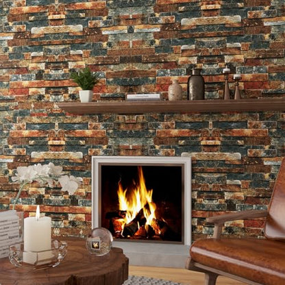 LACHEERY Vintage Brick Wallpaper Peel and Stick 3D Textured Brown Blue Stone Wallpaper Removable Self Adhesive Brick Contact Paper for Walls Kitchen Fireplace Heat Resistant Waterproof Roll 15.8"x80"