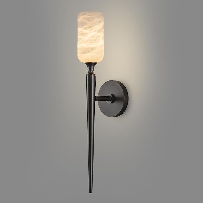 Alabaster Wall Sconce, 22in Modern Spanish Natural Marble Bathroom Vanity Sconces, Unique Indoor Black Wall Lighting Fixtures Decor for Bedroom Living Room Staircases