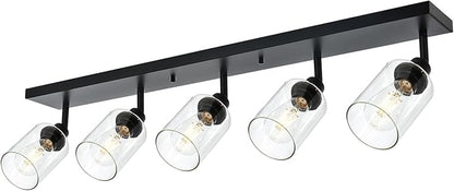 VINLUZ 5 Light Black Bathroom Spotlight Fixture with Rotatable Light Head Indoor Vanity Lighting with Clear Glass Shade Metal Ceiling Mount Fixture