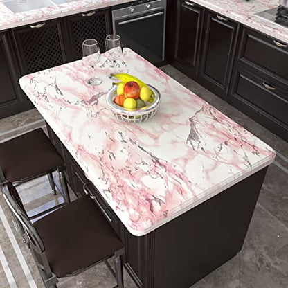 VIOPVERY Pink Marble Contact Paper Self Adhesive 35" x 197", Glossy Vinyl Wrap Waterproof Pink Floral Marble Wallpaper for Countertops Kitchen Cabinet Backsplash, Removable Wall Paper Renter Friendly