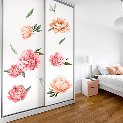 Peony Flowers Wall Decals, Watercolor Elegant Peonies Rose Floral Wall Stickers, FODIENS Pink Blossom Flower Wallpaper Art Applique for Living Room Bedroom Girls Room