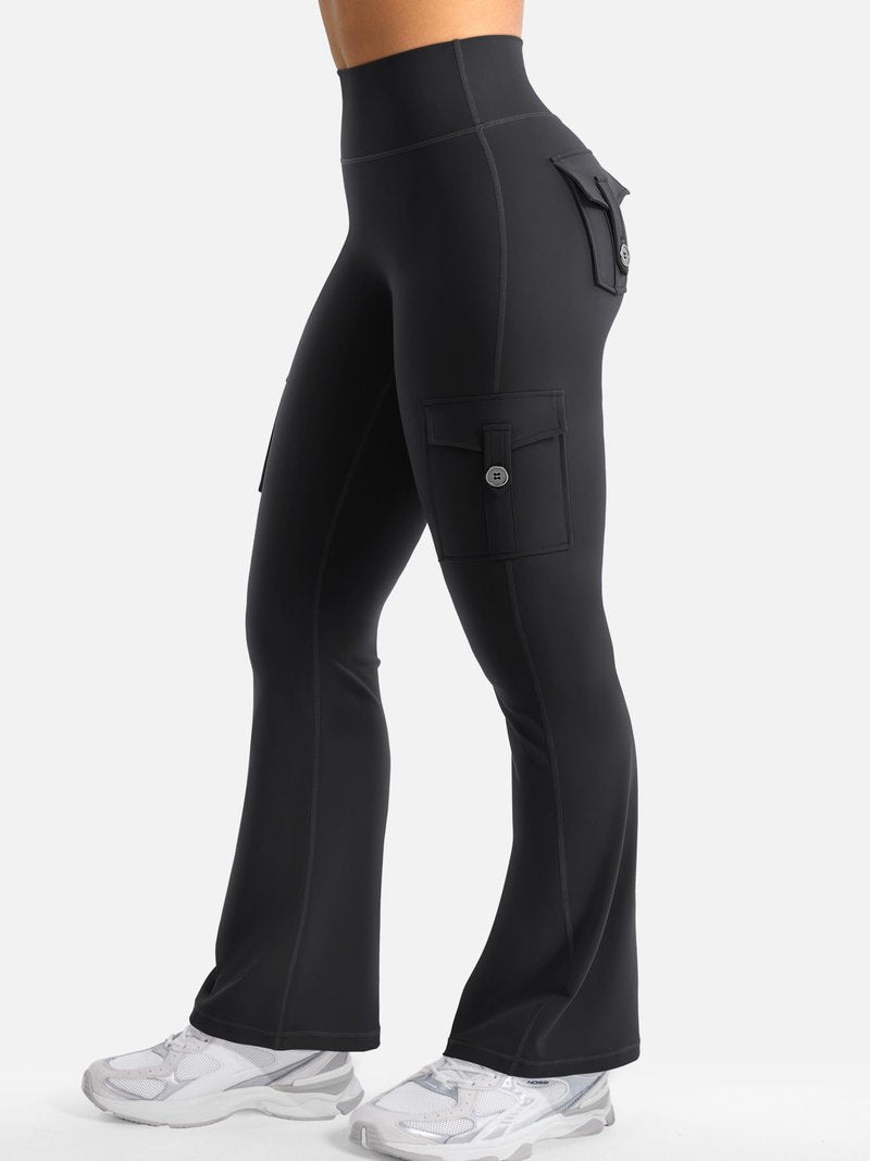 YEOREO CoreFlex Women Workout Flare Leggings with Pockets Scrunch Cargo Gym Yoga Leggings Black XL