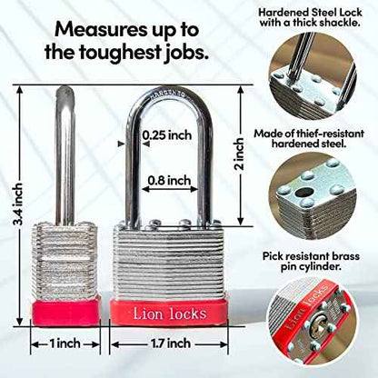 Lion Locks 6 Keyed Alike Padlocks with 2" Long Shackle, 12 Keys - Padlocks for Outdoor Use, Locks with Keys, Hardened Steel Case, Pick Resistant Brass Pin Cylinder for Hasp Latch, Locker, Gate