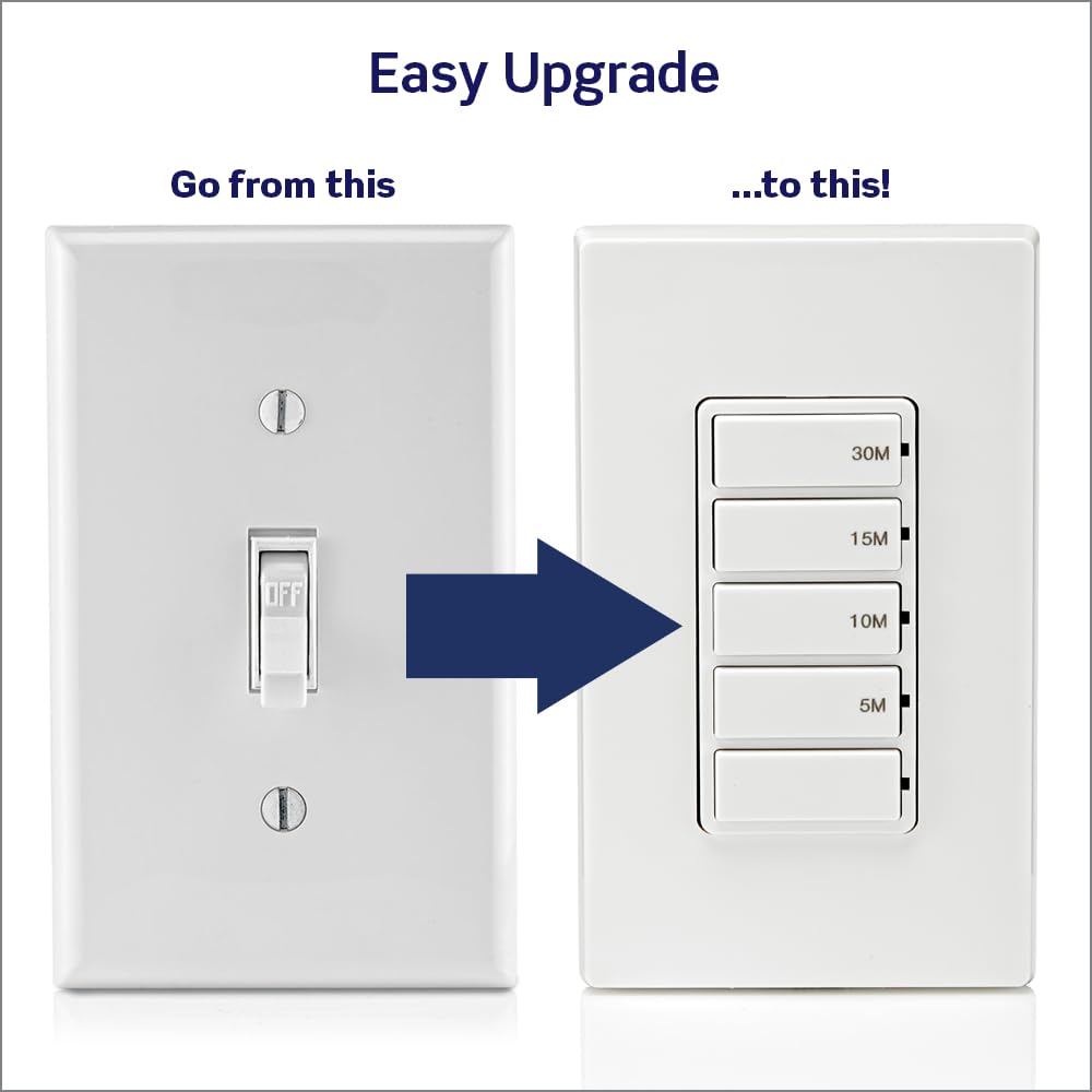 Leviton Countdown Timer Switch for bathroom fan and household lights, 5-10-15-30 min, No Neutral Required, Single Pole, 15A, 1/2 HP/9.8A Fan/Motor, DT130-1LW, White