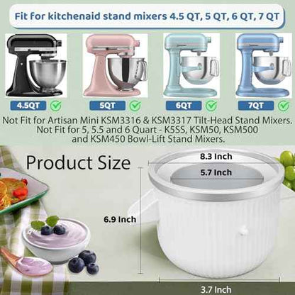 Ice Cream Maker Attachment for KitchenAid Stand Mixer, Ice Cream Bowl Fit for 4.5Qt and Larger Stand Mixers, Ice Cream & Sorbet Gelato Maker Attachment, 2 Quart, White